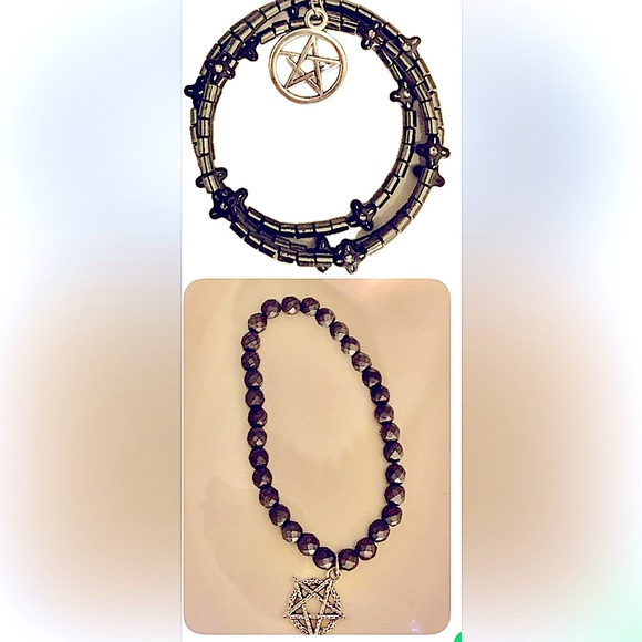 Qty. 2 bracelets Hematite star charm, pentagram, wire wrap & faceted stretch - Picture 1 of 3